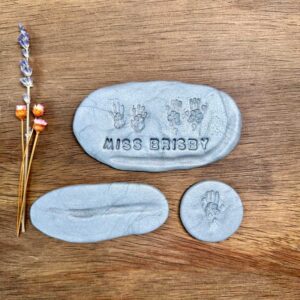 clay mementos showing paw prints and tail prints of packrat Brisby