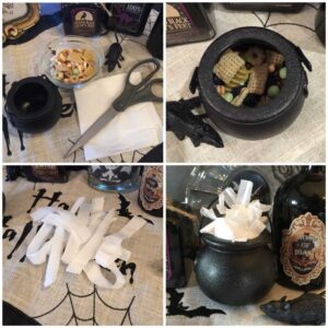 collage showing steps to make a cauldron of treats for pet rats