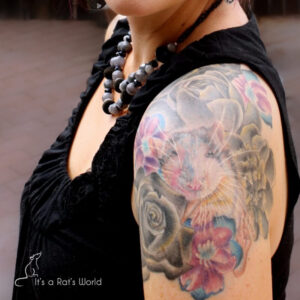 Shoulder tattoo of the rat Delphiniums Blue