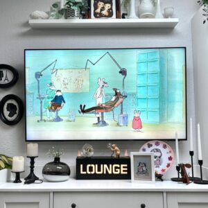 photo of a TV that is showing a scene from the movie Ernest and Celestine