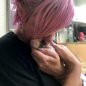 woman snuggling rat to chest in vet office
