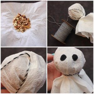 collage of photos showing steps to make a ghost-themed pinata full of treats for your pet rats