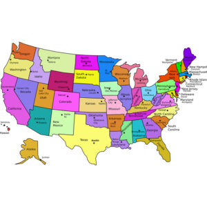 colorful map showing the states and capitals of the United States
