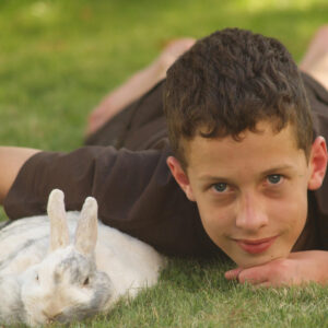boy and rabbit lying on grass side by side