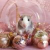 rat sitting in clear ornament surrounded by pink and gold ornaments