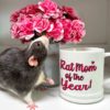 rat standing beside rat mom of the year mug and a vase of flowers