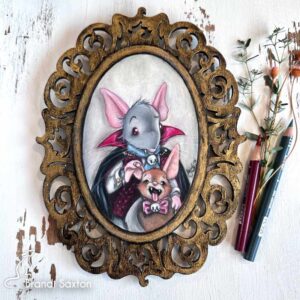 framed drawing of Ratcula and his stuffie, Batty