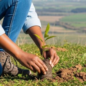 close up on woman's hands planting a tree in field