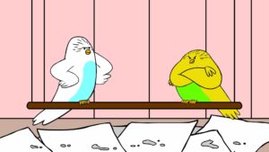 cartoon of parakeets on perch arguing