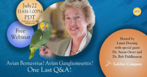 banner with Dr. Orosz's photo for a webinar about avian bornavirus and avian ganglioneuritis