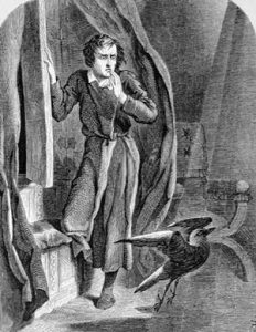 A black and white illustration by John Tenniel for Edgar Allan Poe's "The Raven": 1858, that shows a man indoors looking with concern at a raven on the floor