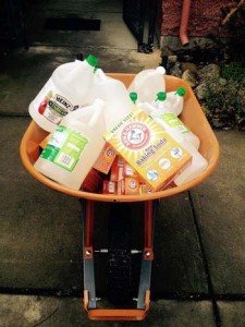 Wheelbarrow of cleaning products used in the rescue effort. (Photo courtesy International Bird Rescue)