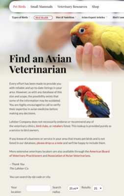 Find an Avian Vet screenshot