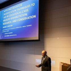 Sponsored by Lafeber Company, Dr. Dennis Christen of Georgia Aquarium speaks at the Cornell University Behavior Symposium.