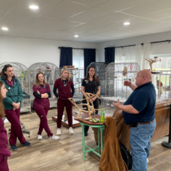 Jack Kottwitz, DVM, PhD, CertAqV leads an avian physical examination wetlab at a local bird rescue with Michigan State University veterinary medical students