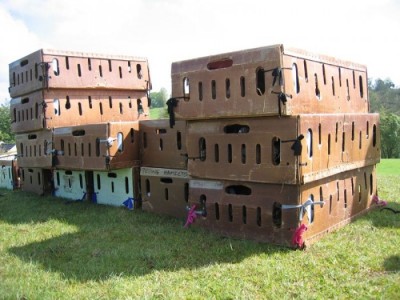 Pigeons confined to boxes prior to release for a race