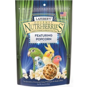 front of bag of Nutri-Berries Popcorn treat for small birds