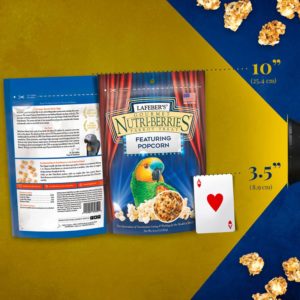 61650 bag of Nutri-Berries Popcorn treat for parrots compared to playing card for size