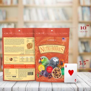 81350 package of Senior Bird Nutri-Berries for parrots beside playing card to compare size