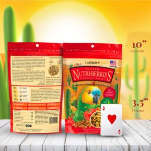 82150 package of El Paso Nutri-Berries for parrots beside playing card to compare size