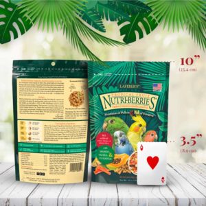 82640 package of Tropical Fruit Nutri-Berries for small birds beside playing card to compare size