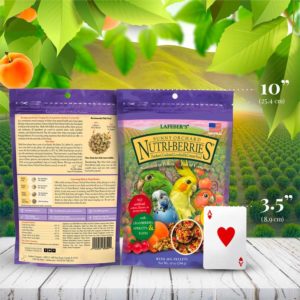 82840 package of Sunny Orchard Nutri-Berries for cockatiels beside playing card to compare size
