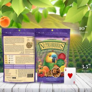 82850 package of Sunny Orchard Nutri-Berries for parrots beside playing card to compare size