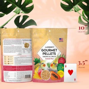 72640 Tropical Fruit Gourmet Pellets for Cockatiels package with playing card