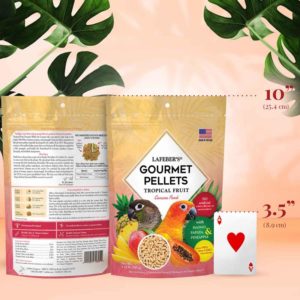 72645 Tropical Fruit Gourmet Pellets for Conures package with playing card