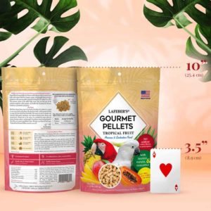 72660 Tropical Fruit Gourmet Pellets for Macaws and Cockatoos package with playing card